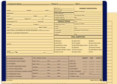 Body Shop Jackets Repair Order Folder